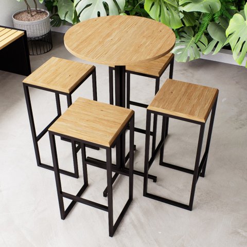 Conjunto Mesa Alta Bar Bistrô Redonda Pinus 4 Bancos Industrial Black Don Castro Decor Industrial Pr