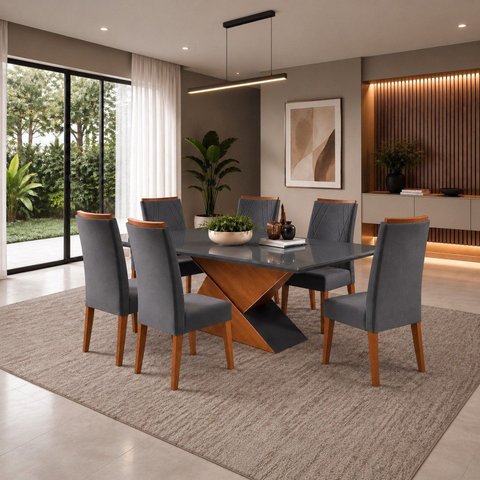 Conjunto Sala de Jantar 6 Lugares Retangular Tampo de Vidro/MDF Pipa