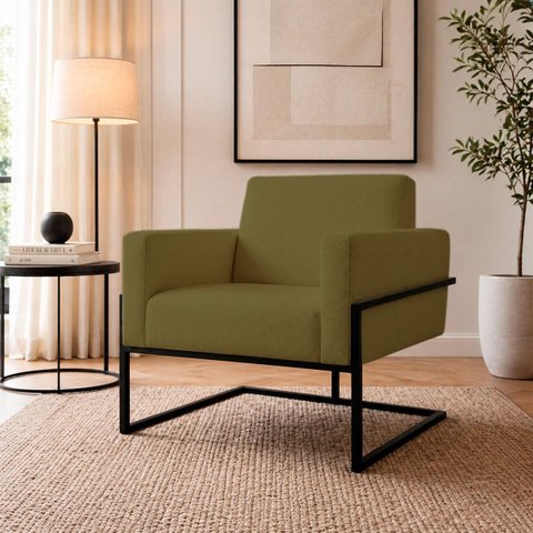 Poltrona Decorativa Estofada Veludo Base Metálica Industrial Prime Preta – Paraná Metal:Verde Oliv