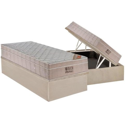 Cama Box Baú Solteiro: Colchão Molas Ortobom SuperPocket Fort Airtech Spring + Base CRC Suede Clean(