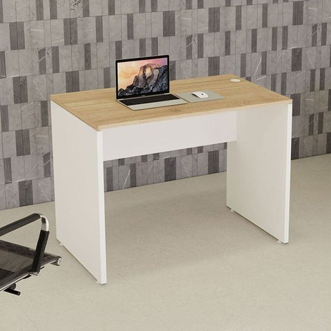 Mesa Escrivaninha Retangular X com Passa Cabos e Pés Painel para Escritório 100cm Corporate Carvalho Treviso e Branco Marrom