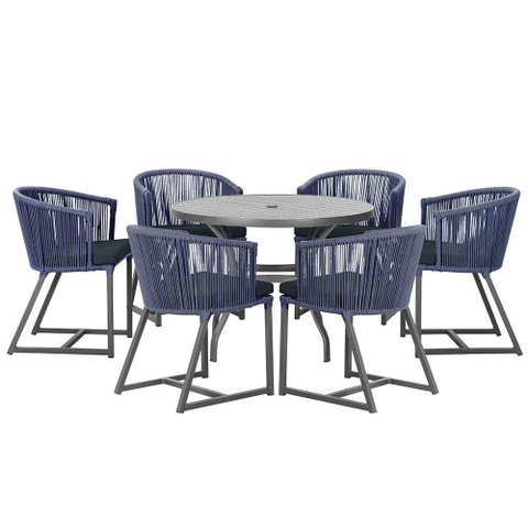Mesa com 6 Cadeiras de Jantar Roma 120cm e Noronha em Alumínio Preto Corda Náutica Estofado 12 Trama