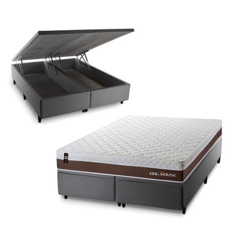 Conjunto Box Baú Super King Venice Cinza 193x203x67 c/ Molas Ensacadas