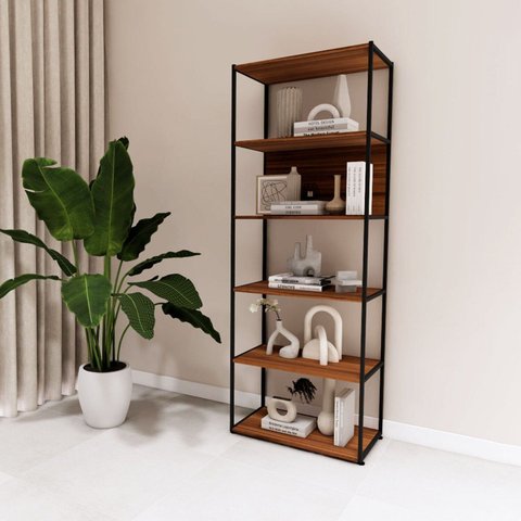 Estante de Livros Industrial 63CMX173CM Metal 5 Prateleiras e Decoração Executive Marrom/Nogal/Preto