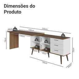 Mesa de Escritório em L 3 Gavetas Branco/rustic Lisboa Madesa - 6