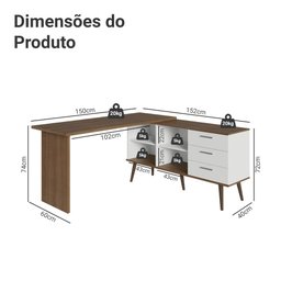 Mesa de Escritório em L 3 Gavetas Branco/rustic Lisboa Madesa - 5