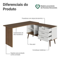Mesa de Escritório em L 3 Gavetas Branco/rustic Lisboa Madesa - 7
