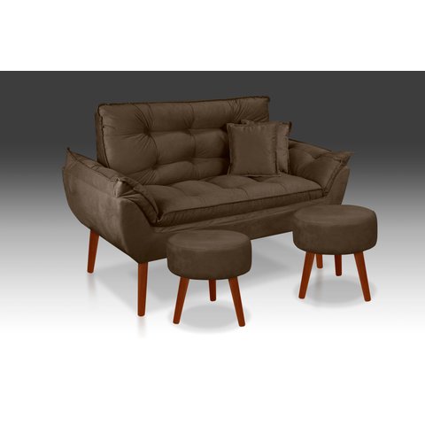 Kit 01 Namoradeira Opala + 02 Puff Redondo + 02 Almofadas Suede Marrom- Casa da Poltrona