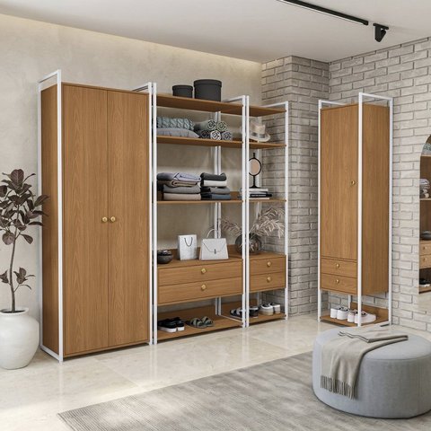 Kit Dormitorio 3 Portas 6 Gavetas Industrial Marrom/Canela/Branco