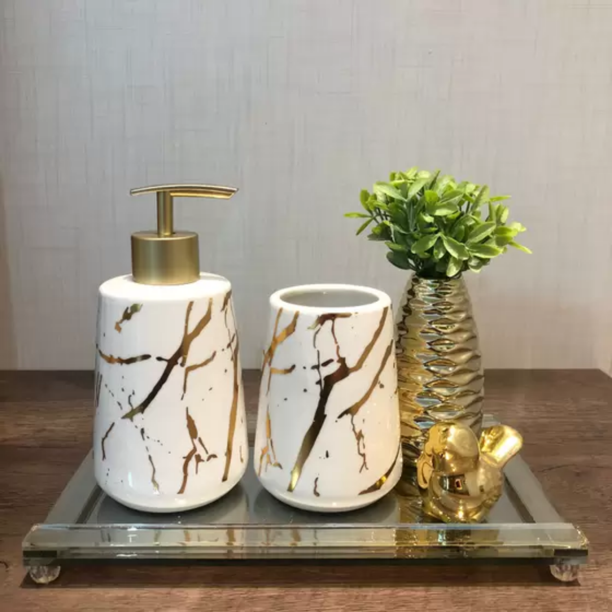 Kits Banheiro Lavabo de Porcelana Dispenser Sabonete Premium:dourado - 2