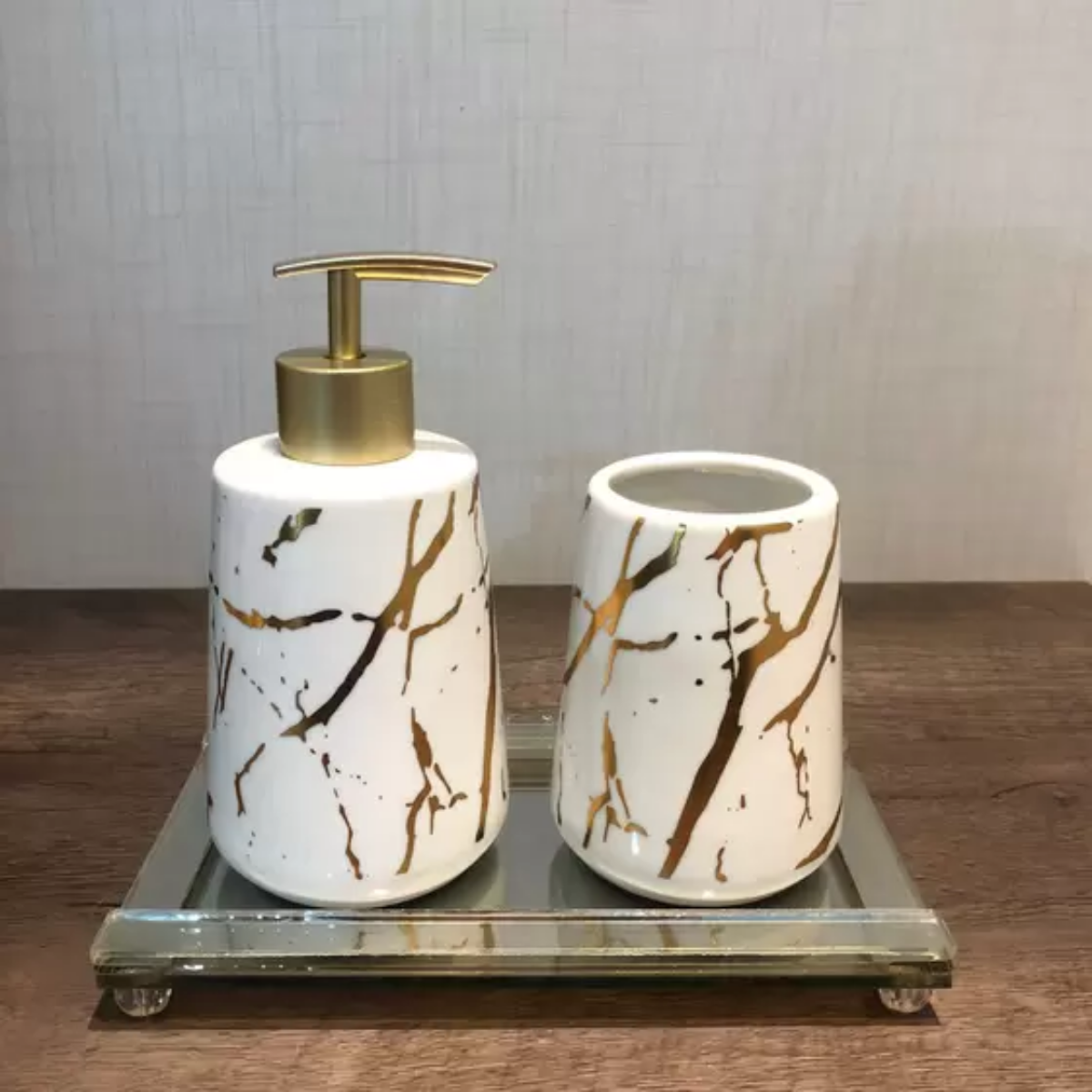 Kits Banheiro Lavabo de Porcelana Dispenser Sabonete Premium:dourado - 3