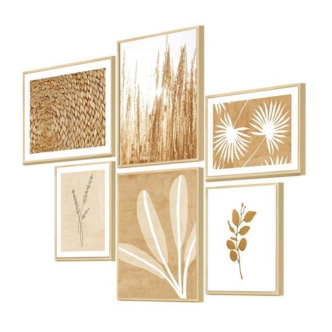 Kit 6 Quadros Decorativos Minimalista Bege Formas Boho Trigo