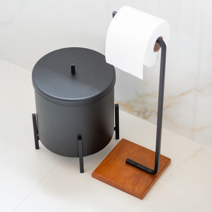 Kit Toalheiro de Piso e Papeleira Lovell Metal Peroba Preto Base em Madeira Dhom - 2