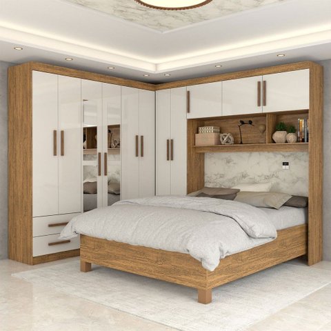 Guarda-roupa Casal Modulado com Cama Belgrado 11 Portas 6 Gavetas com Espelho Cinamomo/off White - P