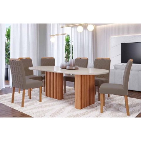 Sala de Jantar Completa Ester Tampo Madeirado Oval C/ Vidro 210x100cm e 6 Cadeiras Paola Cinamomo/