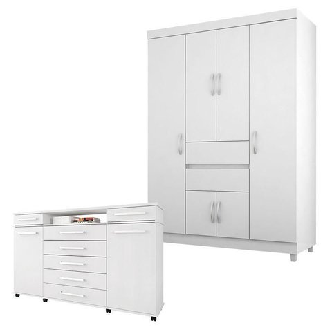 Cômoda London e Guarda Roupa Solteiro Ecom 2 Branco Flex - Demóbile