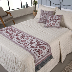 Kit 5 Peças Peseira Casal Padrão e Queen com Almofadas Cheias Dupla Face Grécia Jacquard Cor Vinho