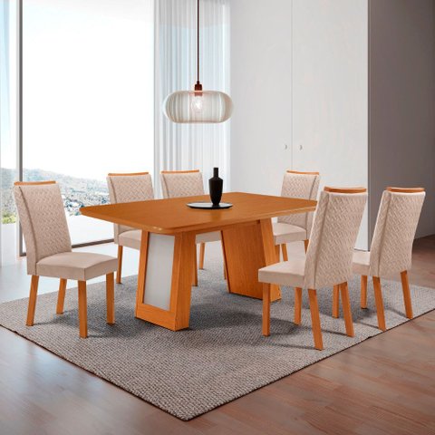 Mesa de Jantar Carolina 180cm Tampo MDF Laminado Detalhe Base Off White Canto Copo com 4 Cadeiras Li