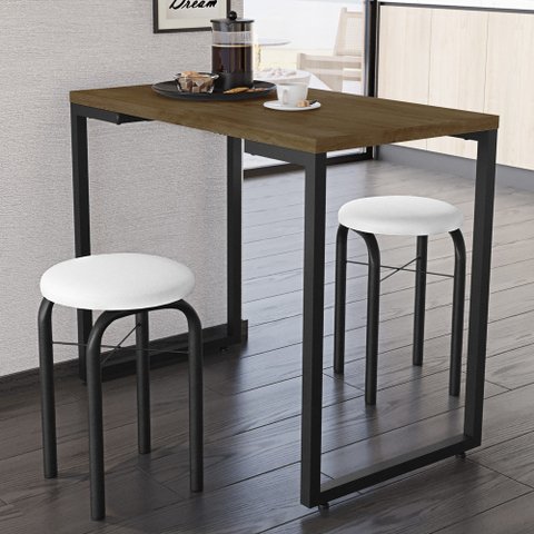 Conjunto Mesa de Cozinha Prattica Industrial 90cm com 2 Banquetas F02 Castanho/Branco - Mpozenato