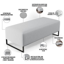 Puff Decorativo Sala de Estar Bali W01 Pés Base Ferro 120x50 cm Linho Cinza - Lyam Decor - 3