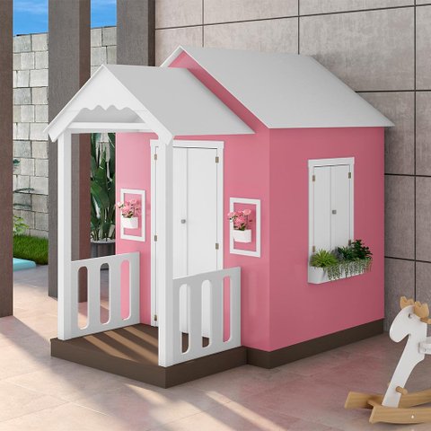 Casinha de Brinquedo Mdf com Varanda Artesanal Branco/rosa L12 - Gran Belo Casinha Infantil