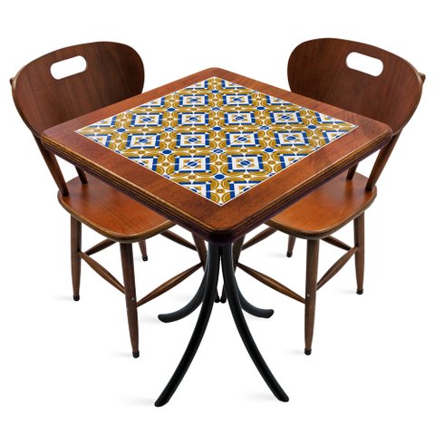 Cj Mesa Madeira Azulejo 60x60cm - Bistrô Fixa 78cm + 2 Cadeiras 43 - Natural - Anos Dourados