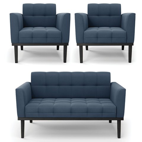 Sofá Namoradeira e 2 Poltronas Base Madeira Preto Ana Suede Azul Marinho - Ibiza