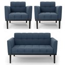 Ver imagem 1 de Sofá Namoradeira e 2 Poltronas Base Madeira Preto Ana Suede Azul Marinho - Ibiza