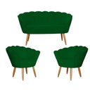 Ver imagem 1 de Kit Namoradeira + 2 Poltronas Decorativa Pétala Suede Verde Pés Madeira Mz Decor