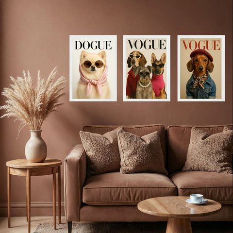 Kit 3 Quadros Decorativos Cães Capa de Revista 24x18cm:moldura Branca