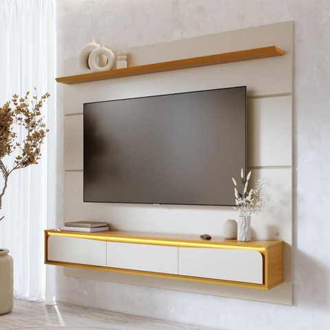 Painel para TV 65 pol com Bancada Suspensa 180cm Toronto C04 Off White Matte Naturale - Lyam Decor