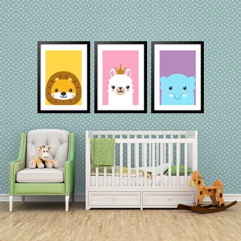 Kit 3 Quadros Grandes Quarto Infantil Filhotes 60x48cm:moldura Branca