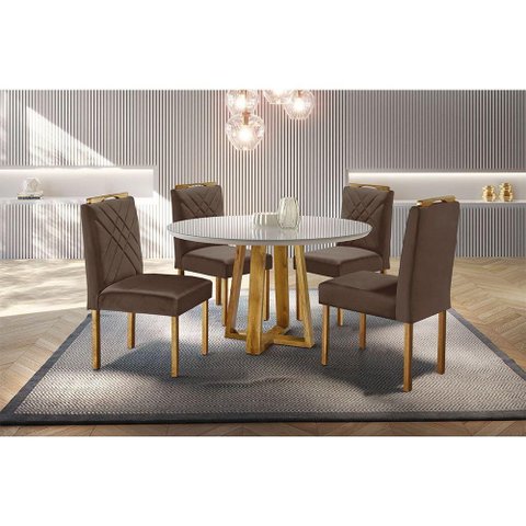 Conjunto Sala de Jantar Mesa com 4 Cadeiras Móveis Mundial Mel/off-white/marrom Chocolate