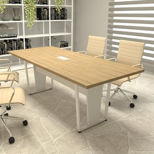 Mesa de Reunião Pés Metal 2m Mac Branco Caixa de Tomadas F5 Cor:macadâmia com Branco