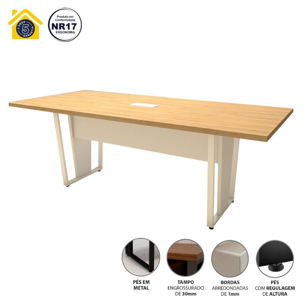 Mesa de Reunião Pés Metal 2m Mac Branco Caixa de Tomadas F5 Cor:macadâmia com Branco - 3