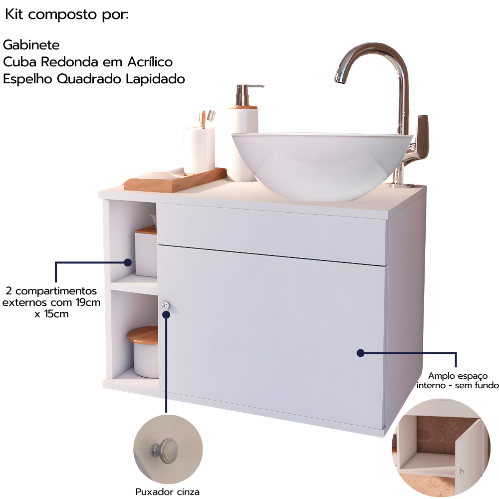 Gabinete para Banheiro 60cm com Cuba e Espelho Lavabo Completo Suspenso - Brovália - 3