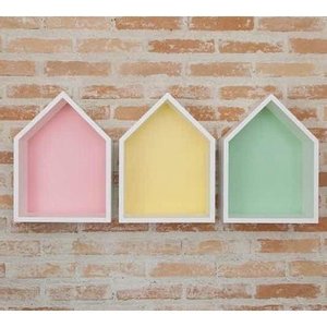 Trio De Nicho Casinha Com Fundo Colorido 40x45x15cm Mdf