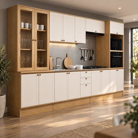 Cozinha Modulada Completa Provence Americana 16 Portas com Cristaleira Cinamomo/Off White