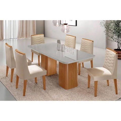 Conjunto: Mesa Sala Jantar Maldivas Tampo c/ Vidro Curvo 180cm+6 Cadeiras Maldivas Madeira Naturale/
