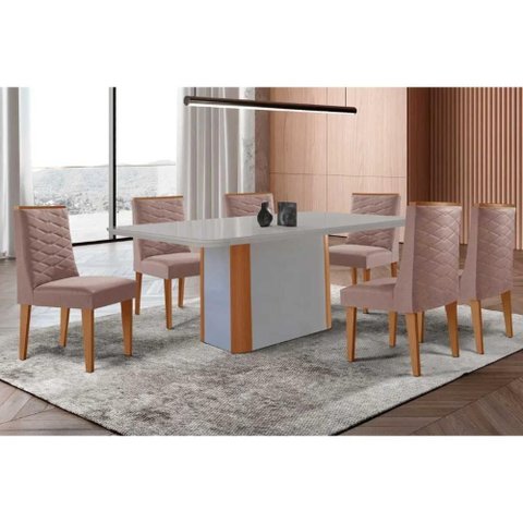 Conjunto: Mesa Sala Jantar Pietá C/ Tampo Madeirado C/ Vidro Canto Curvo 180x90cm e 6 Cadeiras
