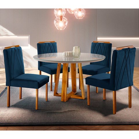 Conjunto Sala de Jantar Natalle 4 Lugares Mesa Redonda 1,2m e 4 Cadeiras Madeira Maciça Móveis Mundi