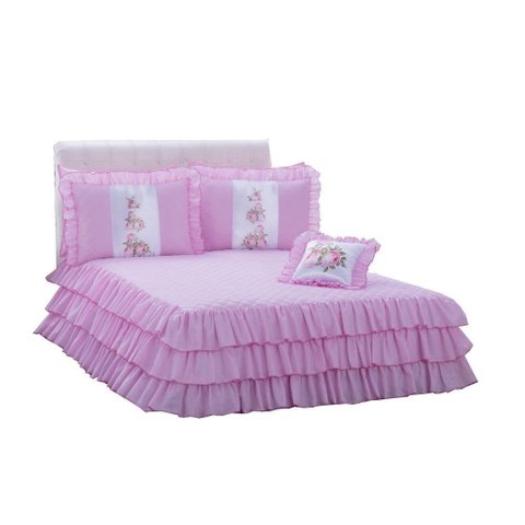 Kit Colcha com Babado Sofia Casal 04 Peças Rosa