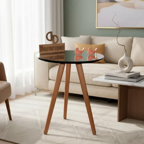 Mesa de Canto Redondo MDF Madeira Maciça 50cm Preto Decoraper