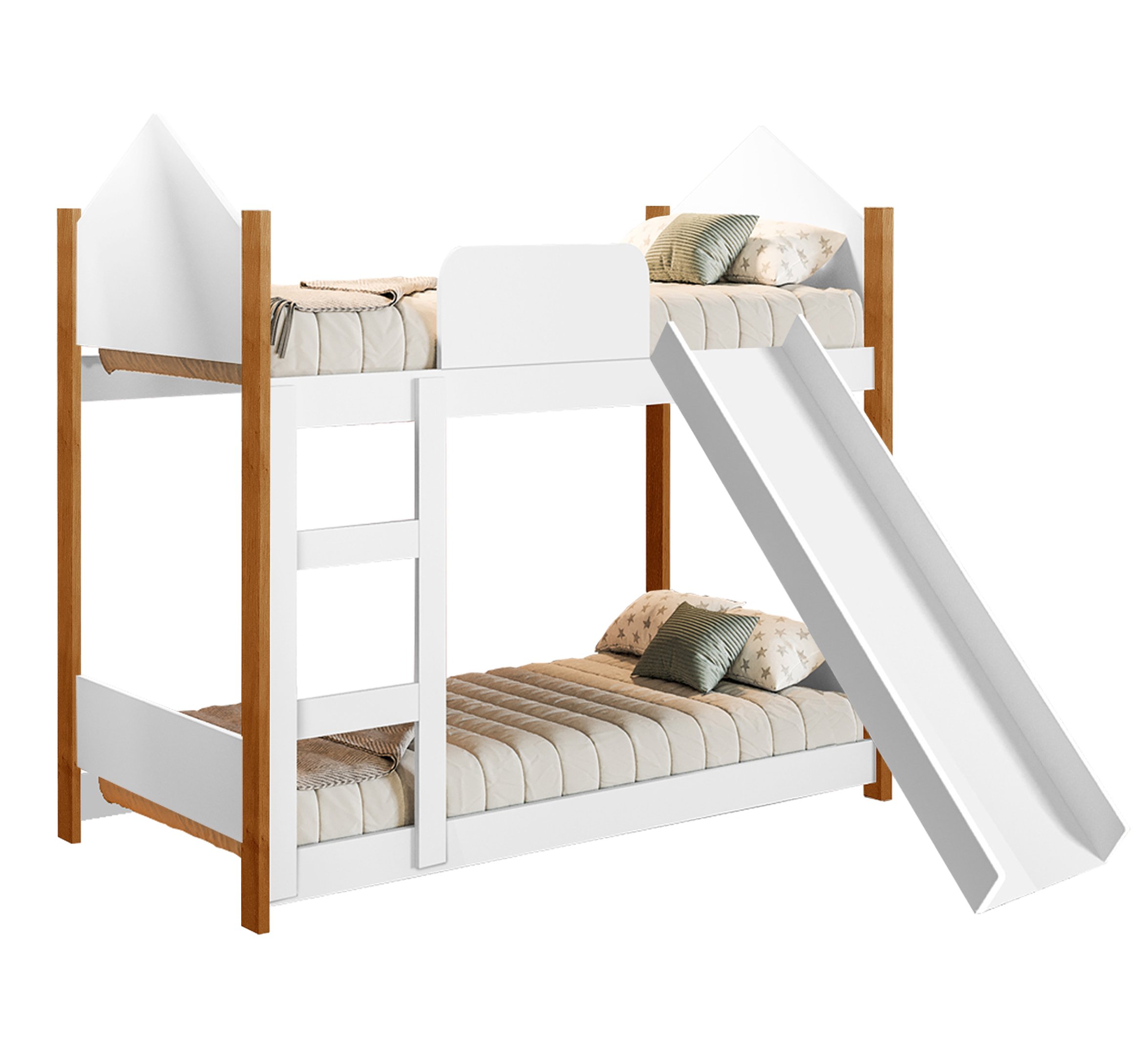 Cama Infantil Beliche Magia para Crianças Quarto Grade Proteção Escada com Escorregador Cor Branco