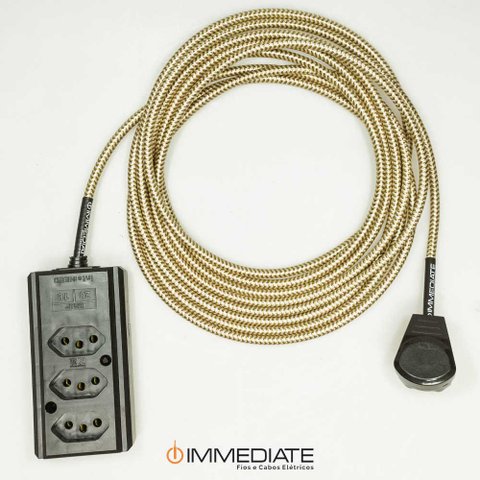 Extensão Elétrica 5 Metros Pp 2x0,75mm2 Revestido Tecido Dourado/bege Cabos Immediate Régua de 3 Saí