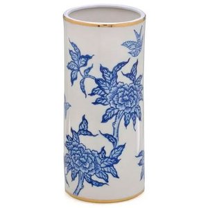 Vaso de Flor e Arranjos em Cerâmica Decorativo Branco com Azul - 34x16cm