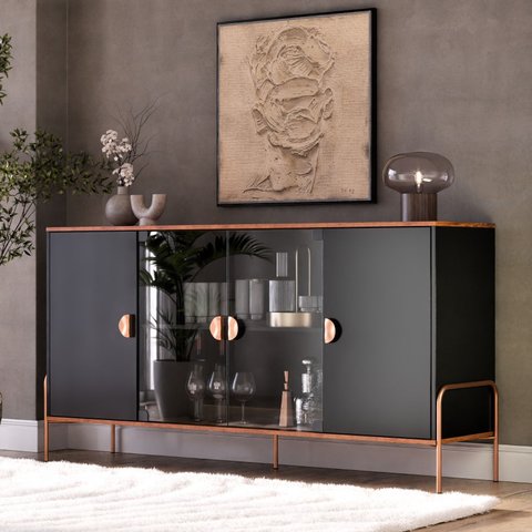 Aparador Buffet Sala Esmeralda 160cm com Portas de Vidro Rede Móveis