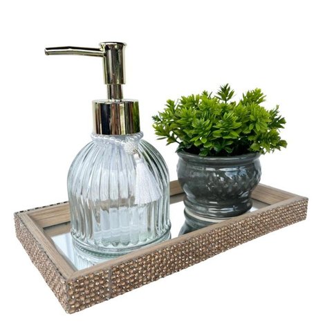 Decoração sala bandeja mdf + porta sabonete + vaso cachepô