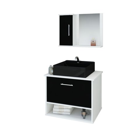 Gabinete Banheiro Malibu 50 Cm Armário com Cuba e Espelheira:preto
