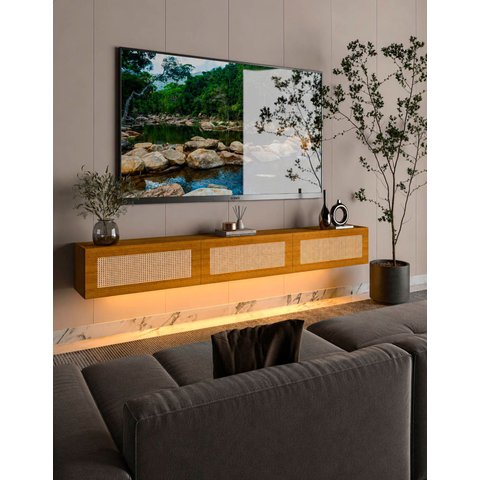 Rack Nicho Modulo Suspenso 3 Porta Tela Rattan Palina 217 cm Cor:Madeira